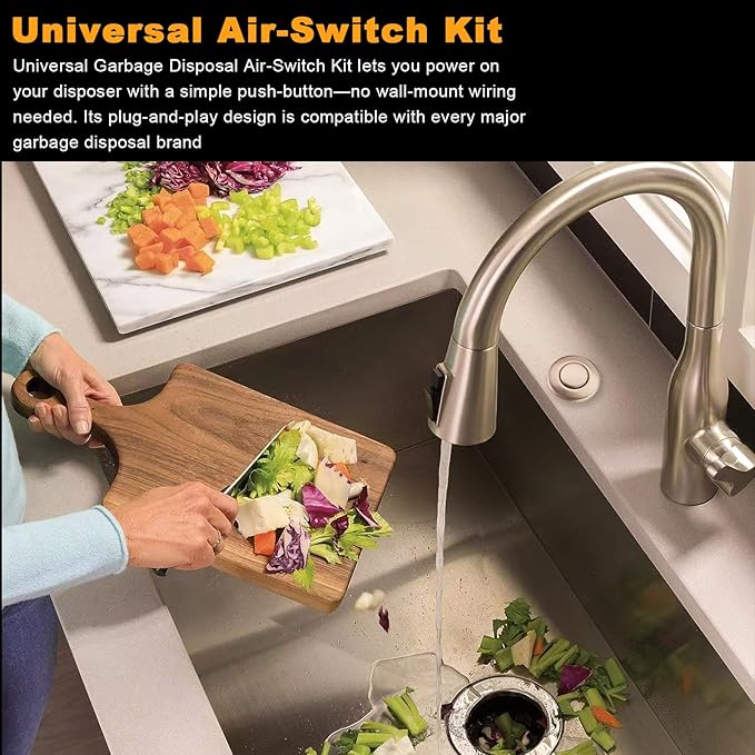 Garbage Disposal Air Switch Kit - UL Certified Sink Top Switch with Long 3.5" Brass Button by UHOUSING, Complete All-in-One Kit for All Disposals (Stainless Steel Brushed)