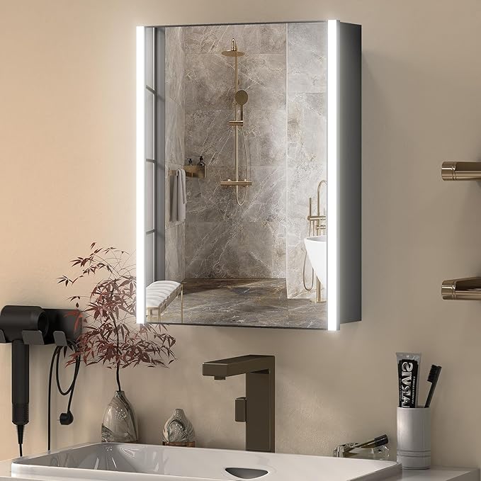 20x26 Inch Medicine Cabinet with LED Light Mirror, Brightneess Adjustable and Full-Assembled Bathroom Aluminum Cabinet with Storage, Surface or Recessed Tempered Cabinet, Farmhouse Black