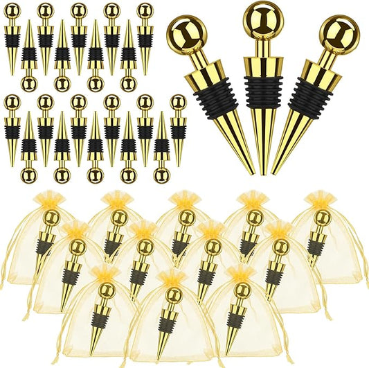 48 Pcs Gold Wine Stoppers Bulk Wine Saver Wedding Party Gifts Favors for Guests Stainless Steel Bottle Stopper Wine Corks Beverage Vacuum Silicone Stopper with Sheer Bags for Wedding Bar