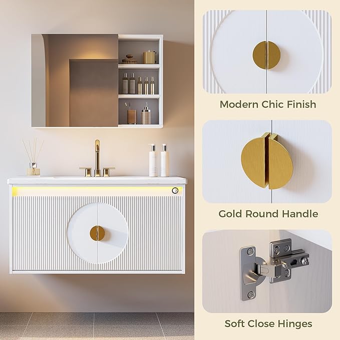 IRONCK Floating Bathroom Vanity with Sink, Mirror Medicine Cabinet, LED Strip Light, 36 Inches Modern Wall Mounted Sink Cabinets & Mirror Cabinets Set with Large Storage Space, White