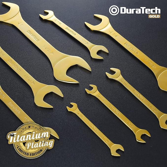 DURATECH Super-Thin Open End Wrench Set, SAE, 8-Piece, 1/4" to 1-1/16", Titanium Plating, with Rolling Pouch