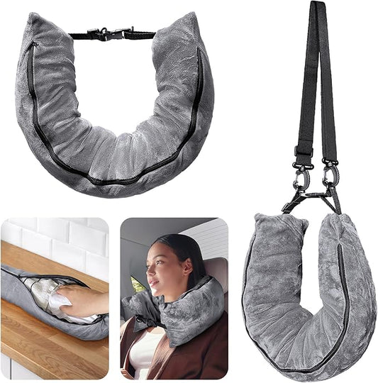 Stuffable Travel Pillow for Extra Luggage, Velvet Travel Neck Pillow Storage Bag with Adjustable Neck Size, Fits About 6 T-Shirts Travel Essentials Multifunctional Sleeping Rest Cushion