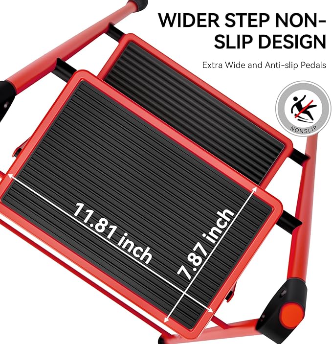 KINGRACK 2 Step Ladder, 2 Step Folding,Kitchen Ladder with Anti-Slip and Wide Pedal,Small Step Ladder with Handrails,Lightweight Portable Step Ladder for Kitchen Household,Red