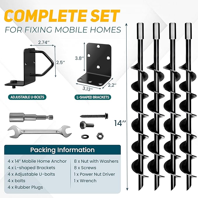 [UPGRADED] 14” Full Spiral Blade Mobile Home Anchor, 4 Pack Ground Anchor Screw in with L-shaped Brackets, U-bolts, Power Nut Driver, Earth Anchors High Wind Heavy Duty for Camping Tents, Swing Sets