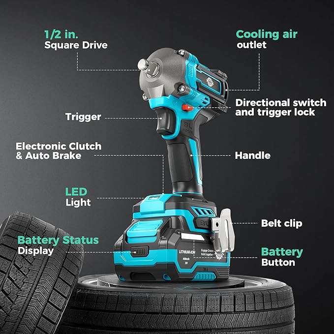 Cordless Impact Wrench High Torque, 442.5Ft-lbs, 1/2" Brushless Impact Gun, 2450RPM High Torque Gun, 4.0 Ah Battery, Electric Impact Motor Variable Speeds for Car/Truck/RV/Mower, 20V