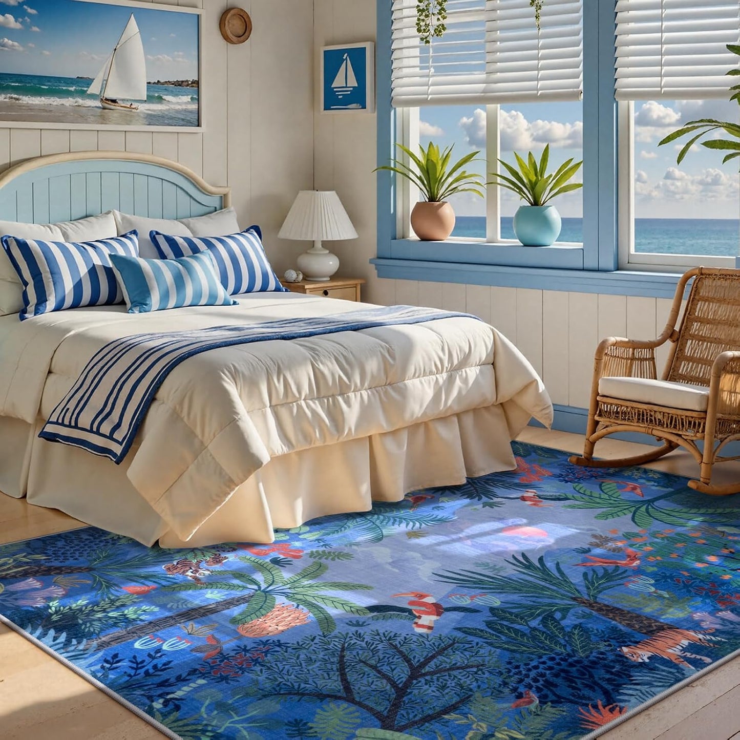 LIVEBOX Washable Jungle Animal Print 5x7 Blue Rug for Living Room, Non-Slip Kids Bedroom Rugs for Boy Playroom Kid Baby Room, Soft Stain Resistant Blue and Green Rug for Nursery Boy Dining