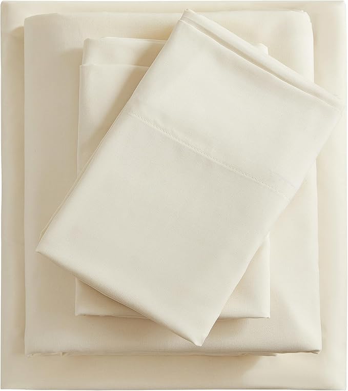 Full Sheets Cream, Ultral Soft Cationic Linen Look Sheets, Luxury Cooling Cozy Bed Sheet Set with Non-Slip Fitted Sheet