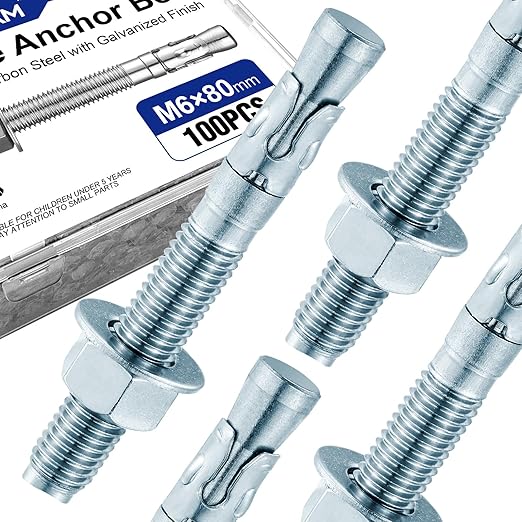 100Pcs M6×80mm Wedge Anchor Bolt, Carbon Steel Zinc Plated, Concrete Anchor Screws Kit, Anti-Rust Metric Expansion Bolts
