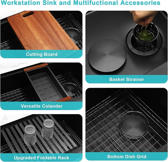 Black Undermount Kitchen Sink,16 Gauge Stainless Steel Sinks,Single Bowl Workstation Sink,Modern Kitchen Sink Offset Drain (28" X 18")