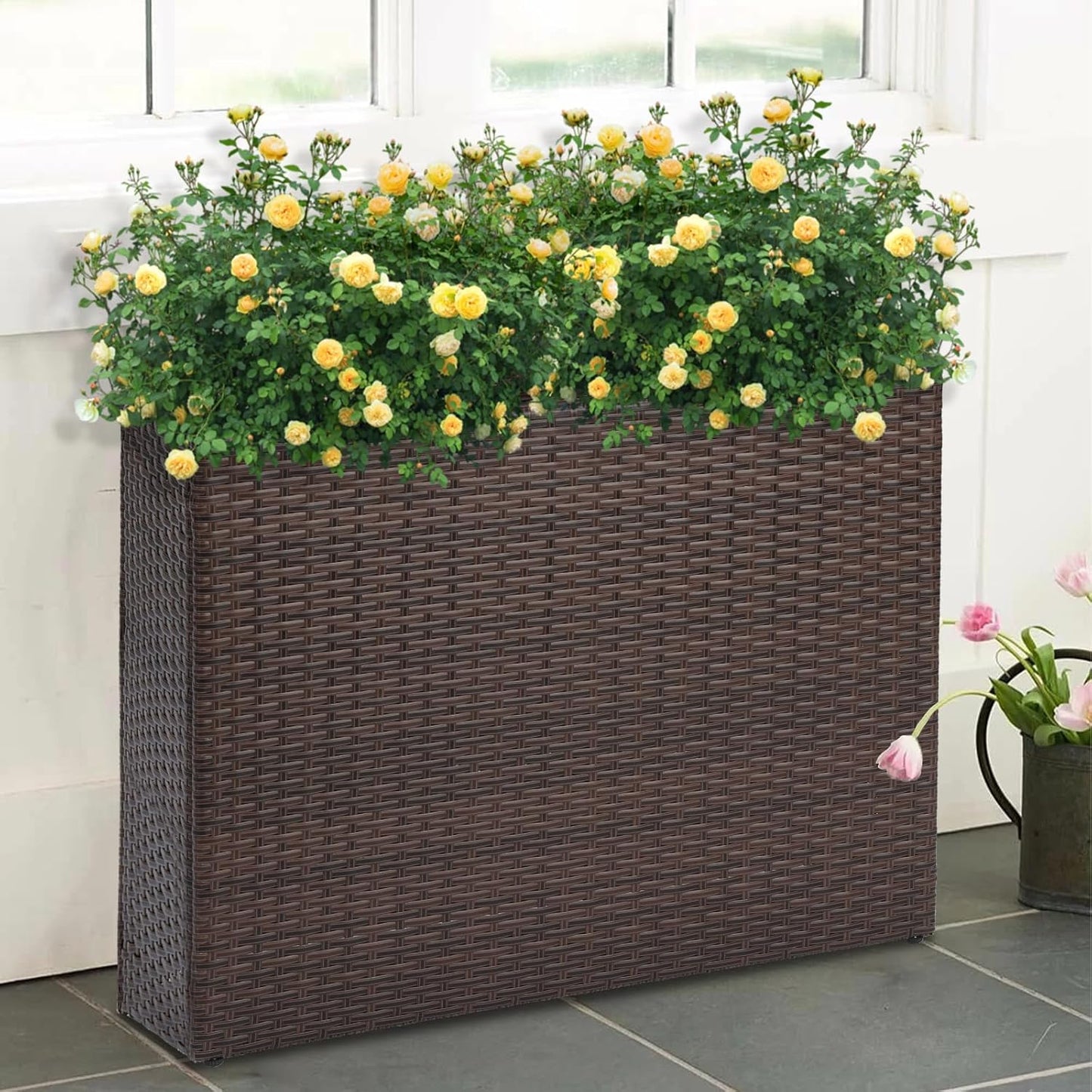 SUNNYPARK Tall Rectangular Planter with Removable Liner, All-Weather PE Rattan Large Modern Planters Indoor Outdoor Flower Plant Pots Garden Box Patio Yard Front Porch Deck