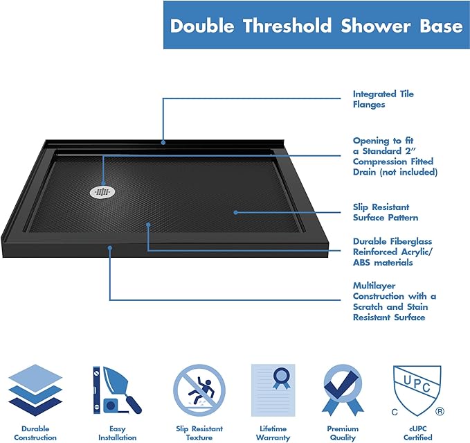 DreamLine SlimLine 34 in. D x 48 in. W x 2 3/4 in. H Left Drain Double Threshold Shower Base in Black, DLT-1034481-88