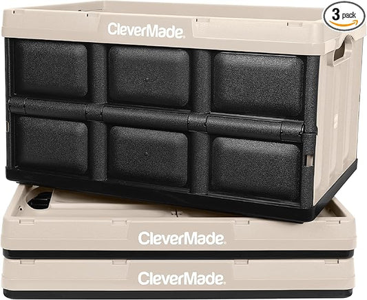 CleverMade Collapsible Storage Bins - Tan 3 Pack 46L - Stackable Containers Heavy Duty Capacity Folding Crates - Space-Saving for Home