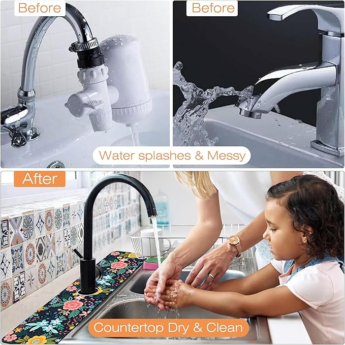 Kitchen Faucet Mat Bright Colorful Flowers Kitchen Sink Splash Guard Faucet Mat,1 PC Splash Guard Behind Faucet Drip Catcher for Kitchen,Dish Drying Mat,Bathroom Faucet Mat 23.5""X5.5""