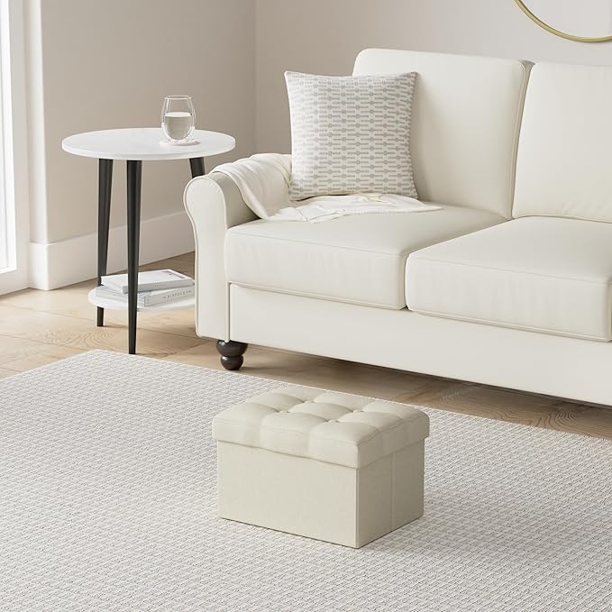 LINMAGCO Ottoman Storage Ottoman with Storage Small Foot Rest Stool Under Desk Stool Short Folding Footrest Linen Cloth Beigh 16X12X12IN