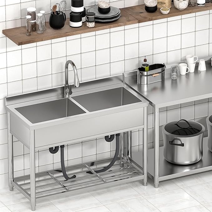 2-Compartment Commercial Sink, Stainless Steel Utility Sink with Pull-out Faucet, Free Standing Double Bowl Kitchen Sink for Restaurant, Garage, Shop, Cafe, Outoor, 21.7"D x 47.2"W x 37"H