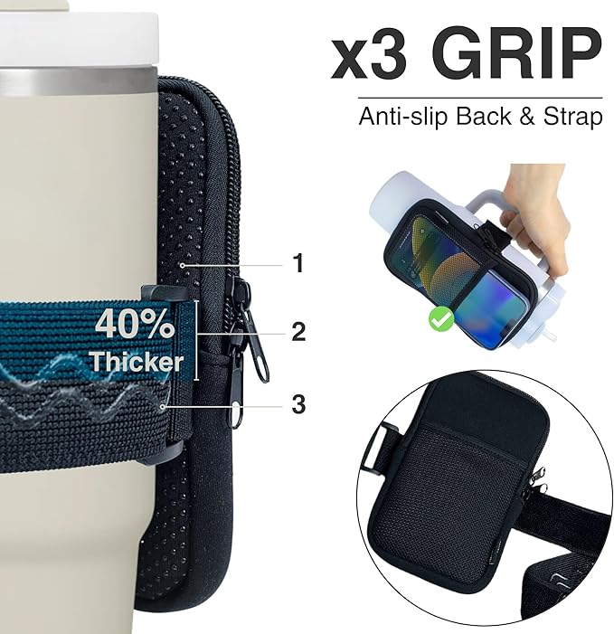 Water Bottle Pouch for Stanley Cups with 20oz 30oz 40oz Stanley Quencher Adventure & Stanley IceFlow, Gym Accessories for Women Tumbler Pouch with Strap & Zipper Cup Purse for Card Keys (Black, Large)