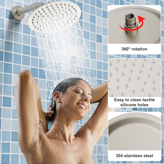 Shower Faucet Set 8IN Brass Rough-In Valve Body Trim Kit Rainfall Included Handle Accessories Complete 2 Functions with Rain Head and Handheld Bathroom Systems (8'', Brushed Nickel)