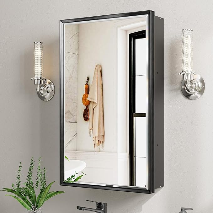 Black Medicine Cabinet Mirror, 16''x 26'' Surface or Recessed Aluminum Framed Medicine Cabinet with Beveled Mirror, Full-Assembled, Adjustable Shelves,Reversible Bathroom Mirror with Storage