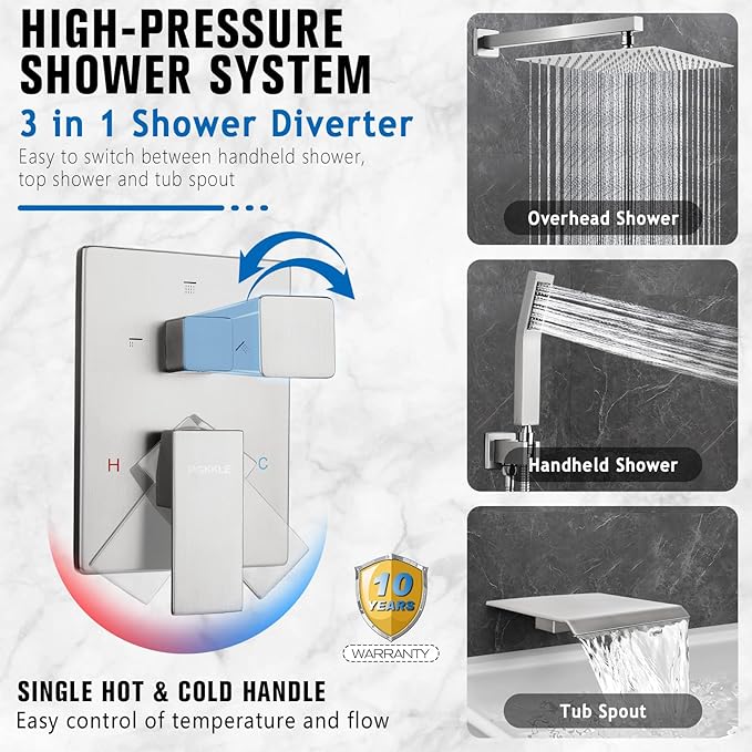 10 Inch Rainfall Shower System with Tub Spout - Wall Mounted Complete Combo with Solid Brass Pressure Balancing Valve, High Pressure Shower Head, Handle Set & Installation Accessories Brushed Nickel