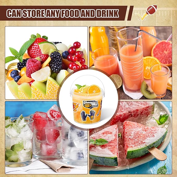 PerKoop 20 Pcs 32 oz Football Ice Cream Buckets with Lids and Handles Clear Cocktail Rum Buckets with 196 Stickers Plastic Transparent Tub Reusable Food Storage Containers for Parties