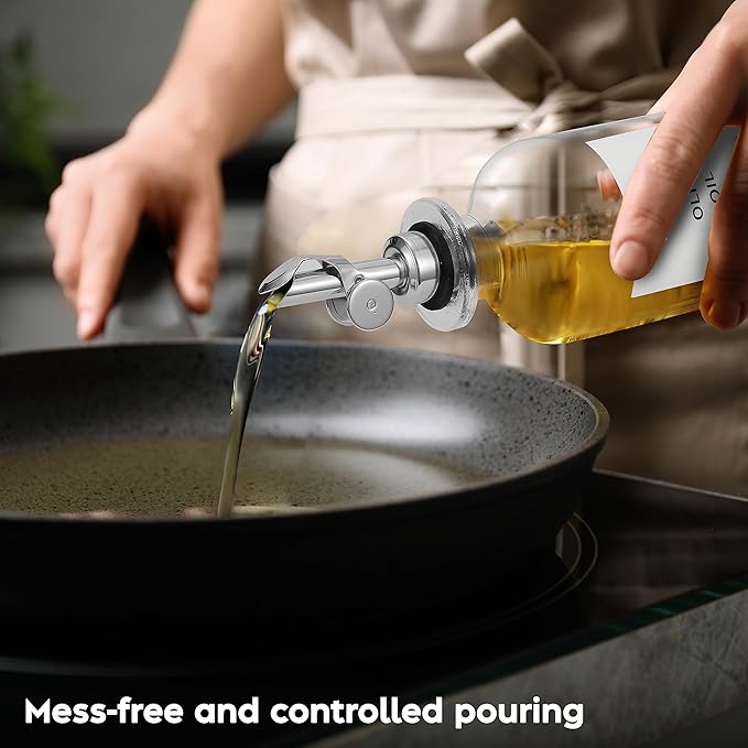 Olive Oil Dispenser Bottle - Includes 55 Kitchen Essential Labels - Cooking Oil Bottles for Kitchen, Coffee Syrup Dispenser - Pourer Spout with 11.8 fl oz Glass Container Cruet - 4pcs Silver