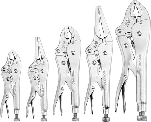 WORKPRO 5-Piece Locking Pliers Set, Pliers Tool Set, Vice Grips with Chrome-vanadium Steel, 5/7/10 inch Curved Jaw Pliers, 6.5/9 inch Long Nose Pliers