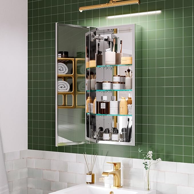 12’’×30’’ Medicine Cabinet with Mirror, Storage Cabinet for Bathroom, Adjustable Shelves, Recessed/Surface Mount, Soft-Close Blum Hinge,Left Swing