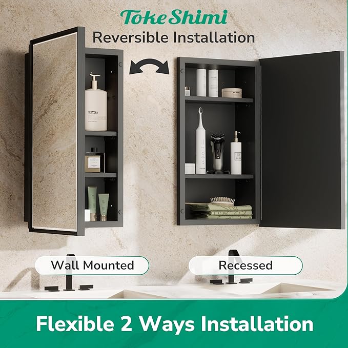 TokeShimi 40x30 Beveled Mirror with Storage Bathroom, Black Recessed Medicine Cabinet with Mirror Aluminum, Wall Mount Metal Recessed Medicine Cabinets for Bathroom