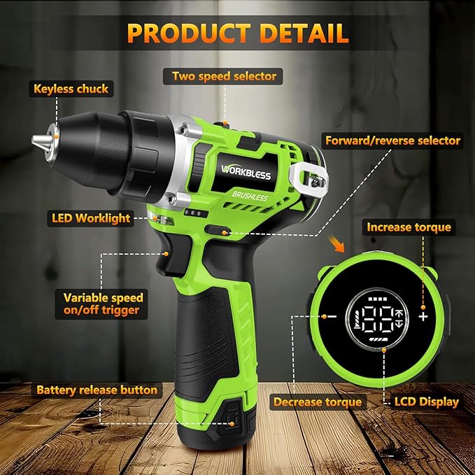12V Brushless Power Drill, Cordless Drill with LCD Smart Display, 29+1 Torque Setting, 3/8 Inch Keyless Metal Chuck, 2.0Ah Battery, Fast Charger and 18Pcs Bits Included(Green)