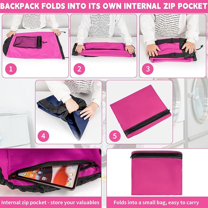 Laundry Bag Backpack with Shoulder Straps and Mesh Pocket Foldable Laundry Hamper for College, Apartment, Laundromat (Pink)