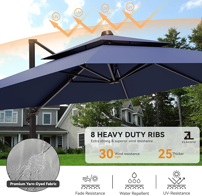 9x12FT Navy Cantilever Outdoor Patio Umbrella with Base, Large Rectangular Offset Design, Double Top Heavy Duty Aluminum Frame & 360° Rotation for Pool Garden Deck Backyard