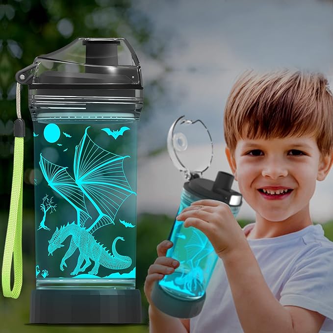 Ammonite Dragon 14 Oz Water Bottle with 3D Glowing LED Light - BPA Free Tritan - Travel Cup Gift for Back to School Boy Child Holiday Camping Picnic