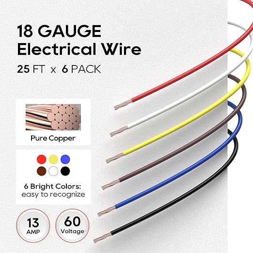 TOPDC 18 Gauge Copper Electrical Wire, 6 Colors, 25FT Each Stranded Wire with PVC Insulation, Silicone Hook up Wire Kit for Car Audio,Automotive Wiring,LED Lighting,etc