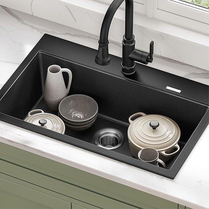 KRAUS Quarza 31-inch Drop-In/Undermount Single Bowl Granite Kitchen Sink in Black Onyx, KGD-412B