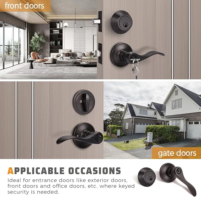 KNOBWELL 8 Pack Keyed Alike Door Lever Handle with Single Cylinder Deadbolt, Oil Rubbed Bronze Exterior Door Knob Lock Set with Deadbolt, Front Door Entry Lever Lockset and Deadbolt Combination Set