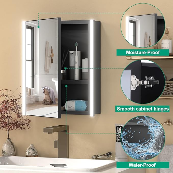 16x20 Inch Medicine Cabinet with LED Light Mirror, Brightneess Adjustable and Full-Assembled Bathroom Aluminum Cabinet with Storage, Surface or Recessed Tempered Cabinet, Farmhouse Black