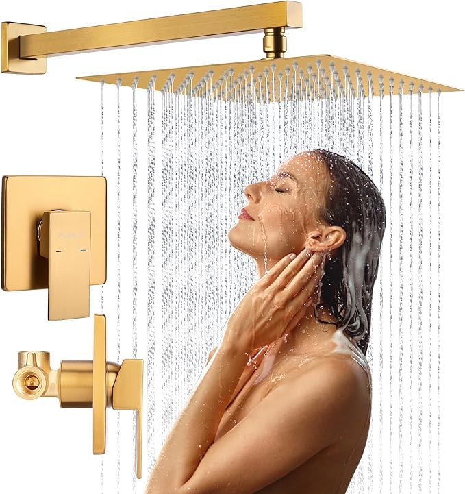 10 Inch Rainfall Shower Faucet Single Function Shower Trim Kit with Rough-in Valve Shower Set Square Stainless Steel Metal Touch-Clean Shower Head Brushed Gold
