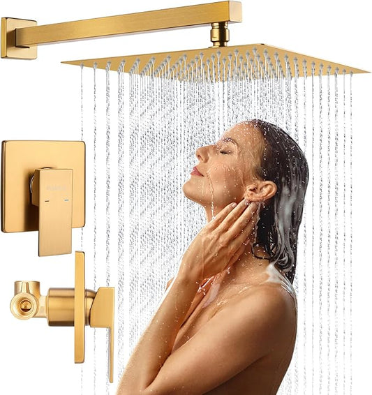 10 Inch Rainfall Shower Faucet Single Function Shower Trim Kit with Rough-in Valve Shower Set Square Stainless Steel Metal Touch-Clean Shower Head Brushed Gold