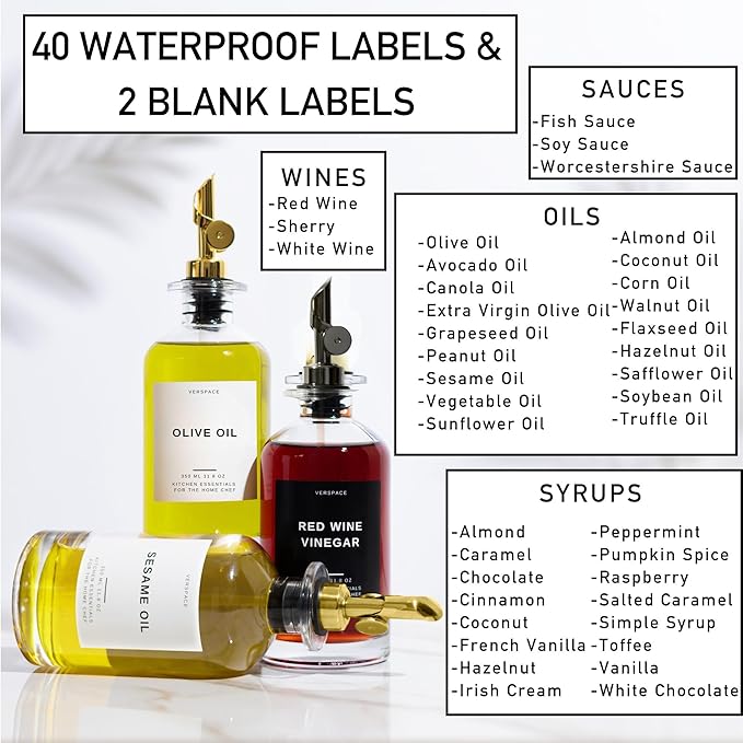 Olive Oil Dispenser Bottle For Kitchen With Silicone Tray & 40 Labels, Soy Sauce Dispenser, Coffee Syrup Dispenser, Olive Oil Bottles Set Of 2, Black