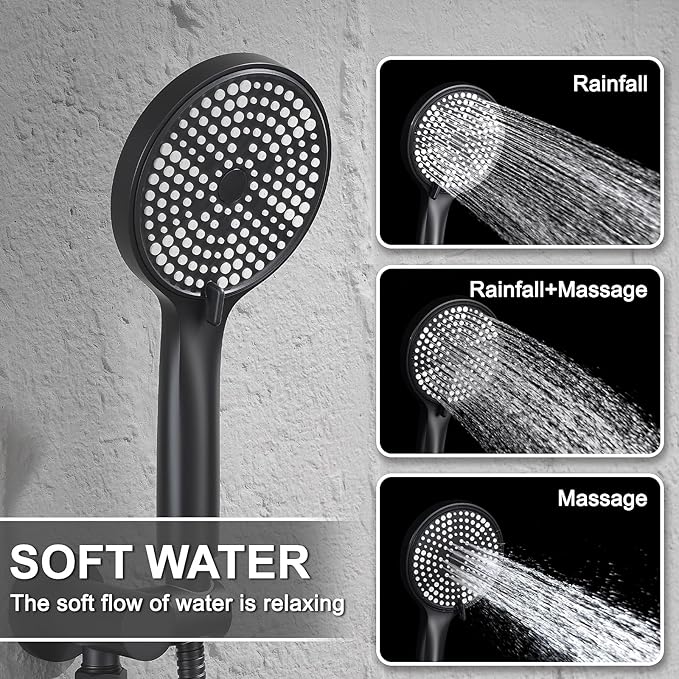 Shower Faucet Set Rain Shower System Valve Kit with Head -3 Setting Handheld High-Pressure Shower Fixtures Valve Included (Matte Black)