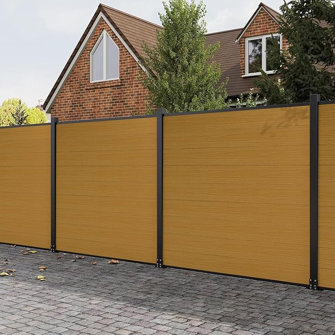 6x6 FT Wood Composite Privacy Fence,Outdoor AC Unit Cover, Pool Equipment Screen, Trash Barrier Weatherproof, Easy Installation, Durable Composite Fencing (Yellow Teak with 2 Post)