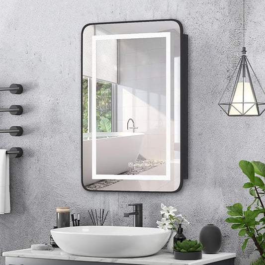 Black Medicine Cabinet with Lights,Recessed Medicine Cabinets for Bathroom Medicine Cabinets with Mirror,3-Color Lighted Medicine Cabinet with Metal Edge,Wall Mounted Mirrored Cabinets 20x30