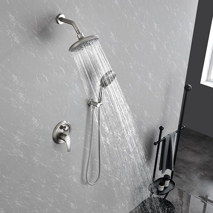 SHAMANDA 15-Function Shower System with Valve and Trim, Bathroom Luxury Shower Faucets Sets Complete with 9 Setting Handheld showerhead & 6 Setting Rain Shower, Wall mounted, Brushed Nickel, L8082-2