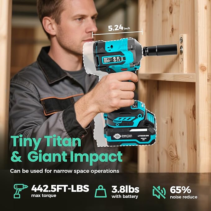 Cordless Impact Wrench High Torque, 442.5Ft-lbs, 1/2" Brushless Impact Gun, 2450RPM High Torque Gun, 4.0 Ah Battery, Electric Impact Motor Variable Speeds for Car/Truck/RV/Mower, 20V