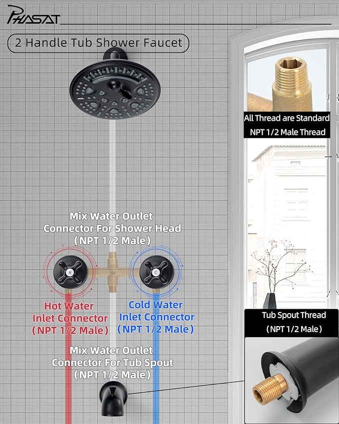 PHASAT 2 Handle Tub Shower Faucet,Bathtub Faucet Set with Tub Spout,Tub and Shower Trim Kit with Rough-in Valve,Matte Black,PU4H09