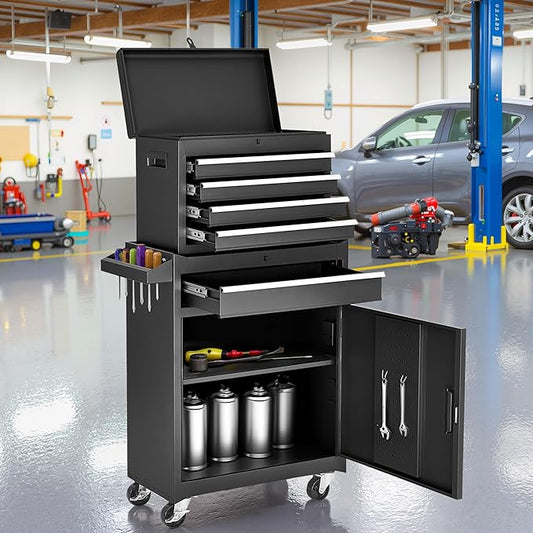 Tool Chest 5 Drawers Garage Storage Cabinet 2 in 1 Steel Frame Tool Chest with Wheels, Protective Liner, Detachable Top and Adjustable Shelf, Tool Box for Garage Workshop, Black