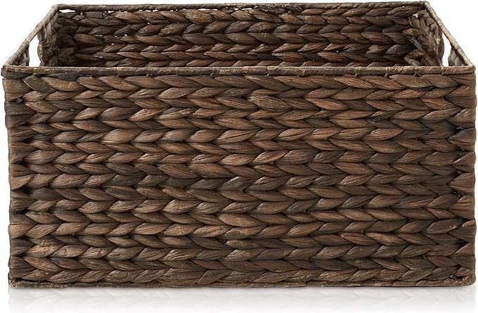 Casafield Set of 2 Water Hyacinth Pantry Baskets, 12-1/2" x 17" x 8", with Chalkboard Labels and Chalk Marker - Espresso, Woven Storage Bin Organizers for Kitchen Shelves
