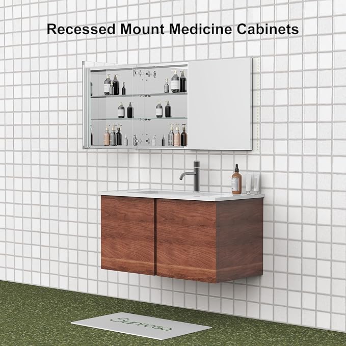 Sunrosa Aluminum Bathroom Medicine Cabinet with Mirror Door, 48" x 27.5", 2-Door Wall-Mounted & Recessed Bathroom Medicine Cabinet Organizer
