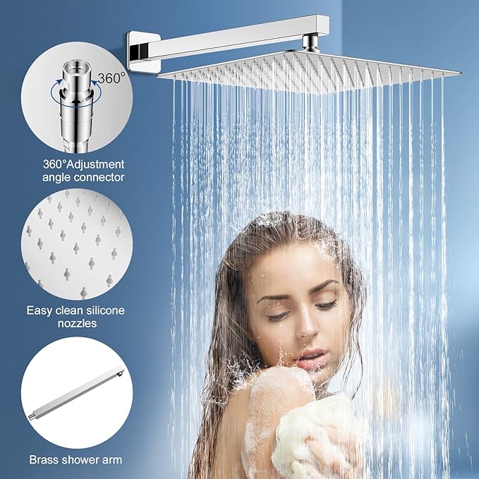 NERDON Shower System, 12 Inch Polish Chrome Luxury Rain Shower Head with Handheld Combo Set, Wall Mounted High Pressure Dual Shower Head System, Bathroom Shower Faucet set with Valve Body and Trim