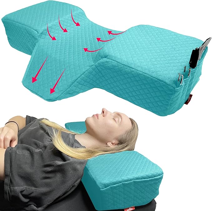 Pillow for Eyelash Extensions - Curved Memory Foam Lash Bed Pillow with Neck and Back Support, Perfect Pillow for Eyelash Extensions, Two Pockets for Tools On The Sides of Pillow (Blue)